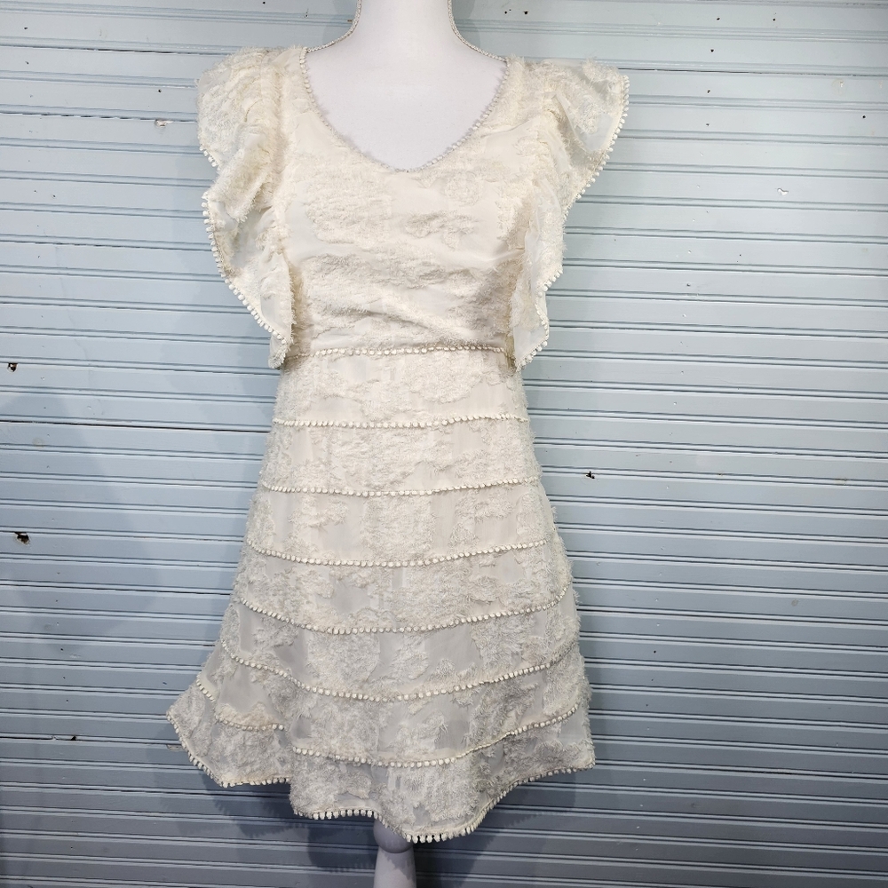 Just Me A Dress A Line Cream Textured Lined Mini V Neck Cap Flutter Sleeve  L